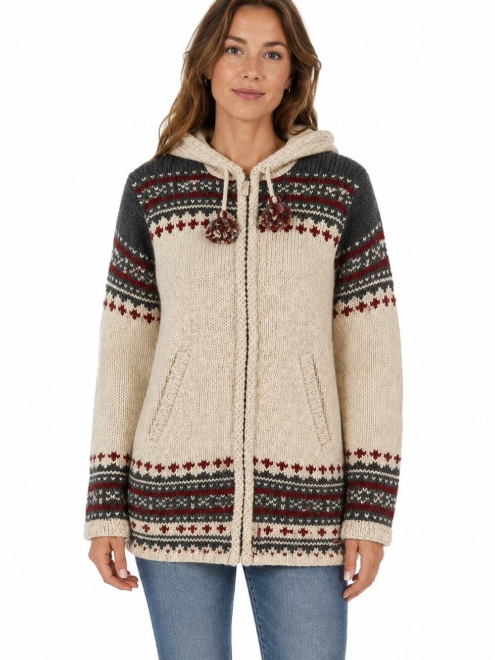 Laundromat Fair Isle Wool Fleece-Lined Hooded Long Cardigan Sweater